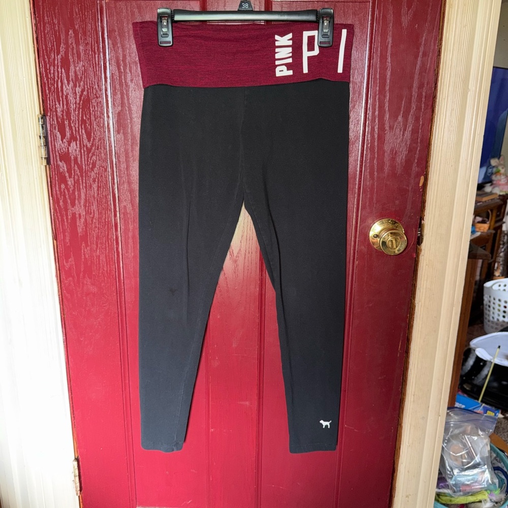 PINK Victoria's Secret Black Leggings with Maroon Fold-Over Waistband